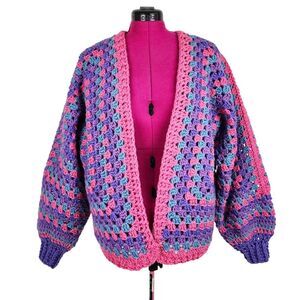 New Colorful Crochet Hexagon Cardigan Chunky Knit Pink Purple Cottagecore